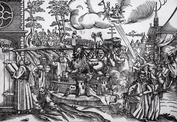 マーティン・ルター（1483-1546）が1517年にヴィッテンベルクの教会のドアに書いた（木版画）（bw写真）